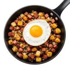 A Rustic Skillet of Swedish Pyttipanna a Hash of Diced Potato Meat and Onion with a Fried Egg on isolated transparent background