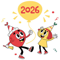 Obraz premium Cheerful cartoon characters celebrating new year with festive hats and horns celebration