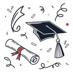 Graduation cap and diploma with confetti and swirls scroll tassel