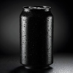 Stock photo of black soda can with water droplets on dark background