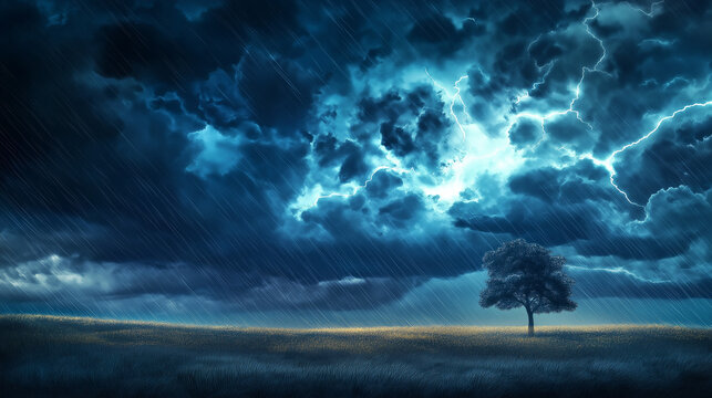Lone tree in dramatic lightning storm over dark landscape