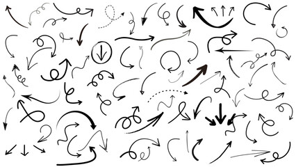 Hand drawn arrow set featuring curved, straight, dotted, and swirled arrows design, arrow vector for creative design, presentations, infographics, and decorative purposes 