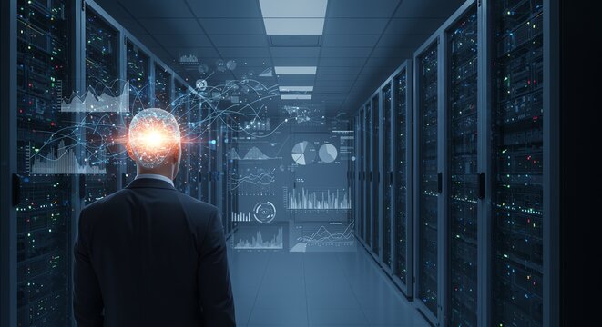 Man analyzes data in a server room - Powered by Adobe