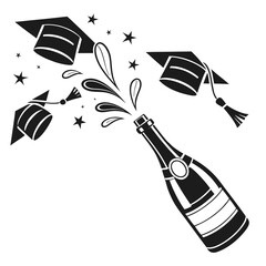 Black graduation caps flying out of champagne bottle popping celebration