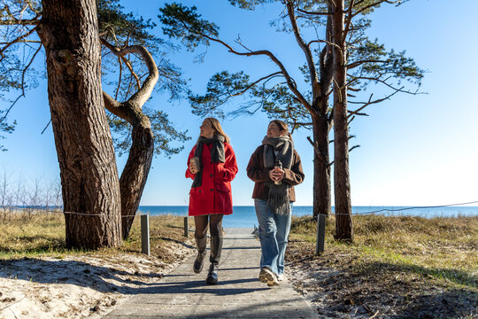 Two women drinking hot coffee from a thermos on the seashore. Nature. Sea. Quay.
