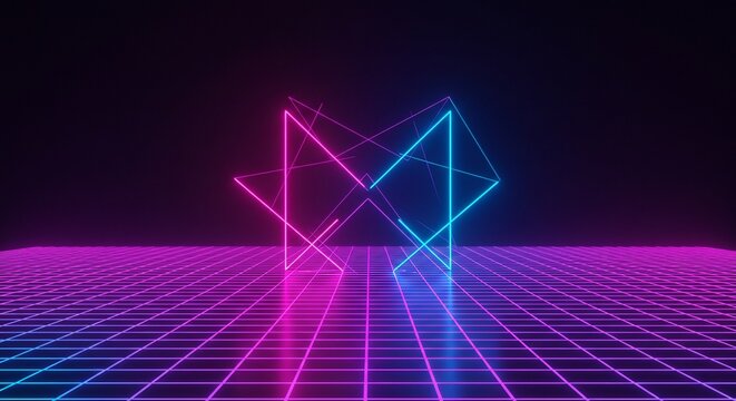 ネオン光輝く幾何学模様 幻想的グリッド背景. AI Generated
