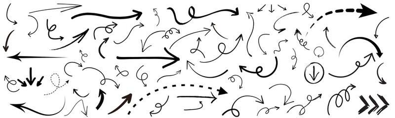 Hand drawn arrow set featuring curved, straight, dotted, and swirled arrows design, arrow vector for creative design, presentations, infographics, and decorative purposes - 1