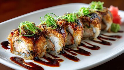 Sushi roll on plate, food photography, restaurant background, promotional image
