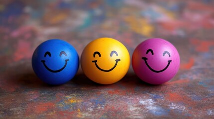 Three happy emoji spheres on a textured surface