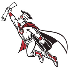 Comic style superhero graduate flying with diploma and cap vector