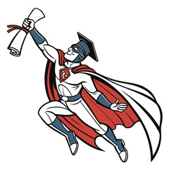 Comic style superhero graduate flying with diploma and cap vector