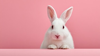Obraz premium White rabbit on pink background (1)