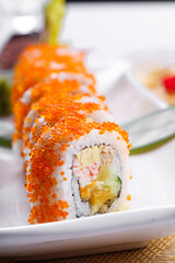 Crab California roll sushi on a straw mat