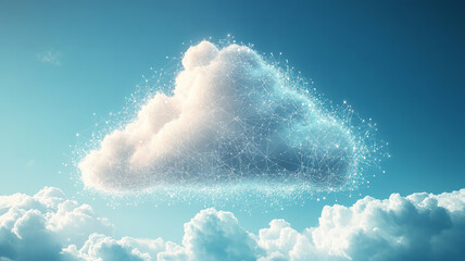 Digital cloud floating in a blue sky with a network pattern.