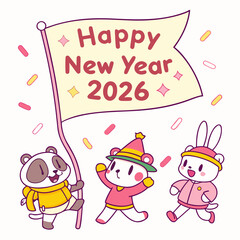 Cute animal characters celebrating new year with banner cute animals panda