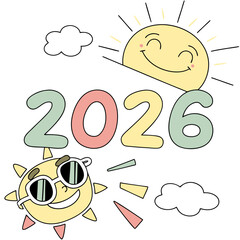 Cheerful suns and year numbers smiling sunglasses