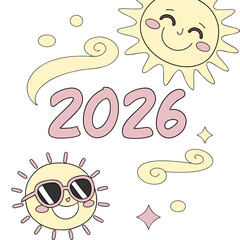 Smiling suns with sunglasses and swirling clouds vector