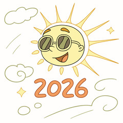 Smiling sun wearing sunglasses with clouds and stars vector