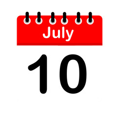 July 10 calendar icon flat design illustration. Calendar template, red and white, sticker, poster, banner, emoticon.