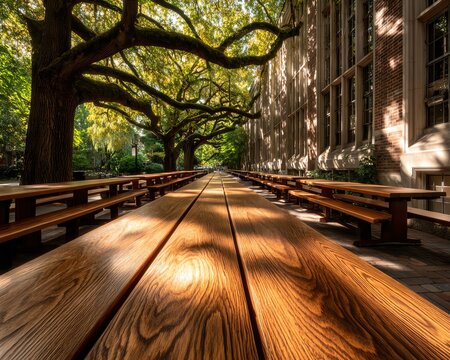 A serene outdoor setting featuring long wooden tables under lush green trees, inviting relaxation and social gatherings in a peaceful atmosphere.