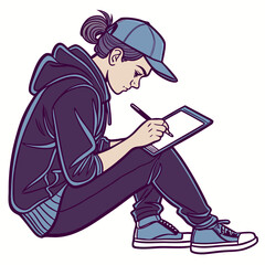 Young artist drawing on digital tablet wearing casual clothing stylus