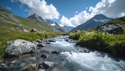 A serene mountain landscape with a flowing river and vibrant wildflowers.