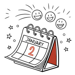 Doodle calendar showing january second with happy faces vector