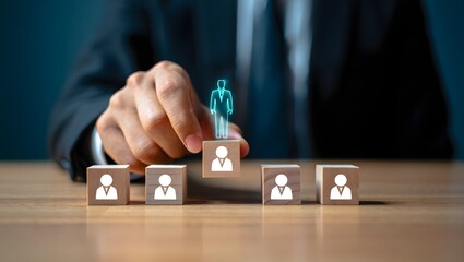 Human resource management concept with HR manager organizing team structure and selecting a leader. Ideal for HRM, organizational chart, leadership, and employee management visuals.
