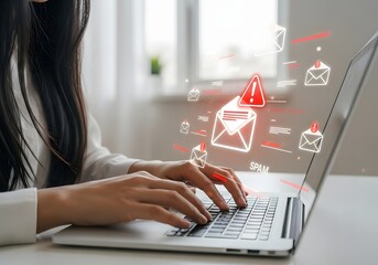 A woman types on a laptop with digital email icons and a warning symbol overlayed.