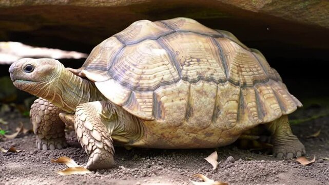 Tortoise from behind walking over sunlit soil