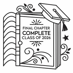 Graduation cap on open book with decorative elements final chapter