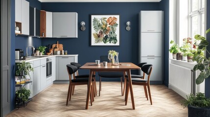 Obraz premium Modern kitchen with dining area, featuring a stylish layout and warm colors.