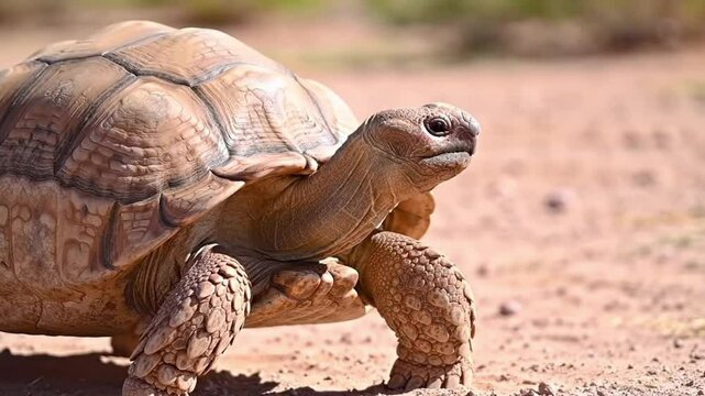 Desert tortoise slowly walking across sandy terrain