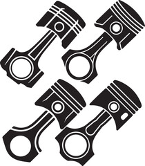 four black engine pistons arranged in a pattern silhouette isolated on transparent background