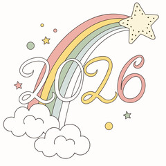 Pastel rainbow with stars and clouds celebrating twenty six vector