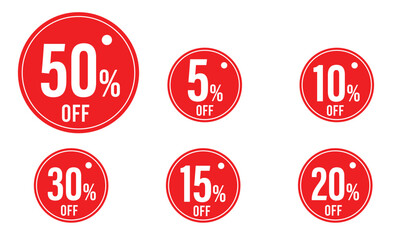 Red Sale Sticker Tag Set – Discount, Percent Price Badges, Round Promo Labels for Retail and E-Commerce Design