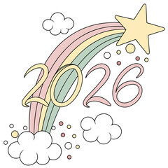 Pastel rainbow shooting star with year twenty six clouds pastel colors