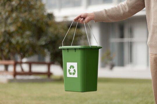 volunteer hanging up community recycling bin with bright labels in schoolyard
