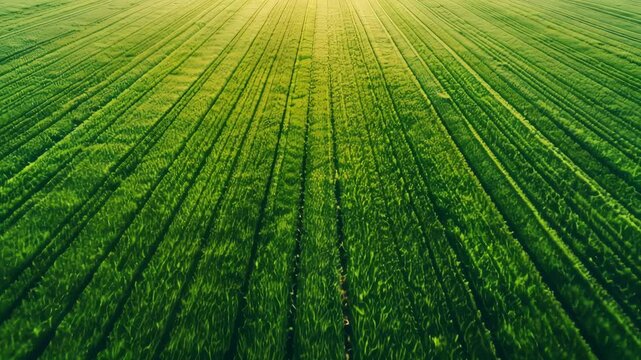 An aerial view captures the vibrant green expanse of a thriving field, with parallel lines of crops stretching towards a bright, distant light, symbolizing growth and agriculture.