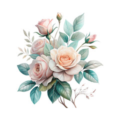 Delicate pink roses, soft watercolor style, botanical illustration, teal and sage green leaves