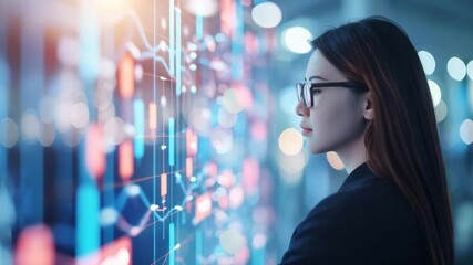 A focused woman in glasses intently studies glowing financial charts and graphs on a large digital display, representing data analysis and market intelligence.