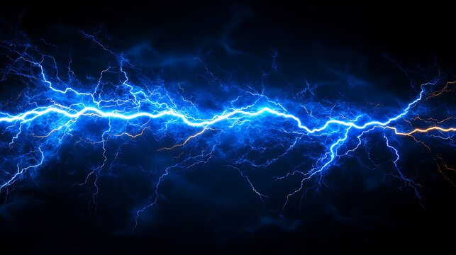 Powerful blue lightning storm electrical energy discharge abstract dark background for technology digital design and nature concepts