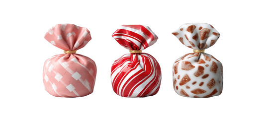 Three decorative fabric pouches in red and pink patterns, set against a clean background, ideal for gifting