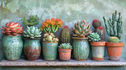 Assorted potted succulents on rustic shelf, textured backdrop