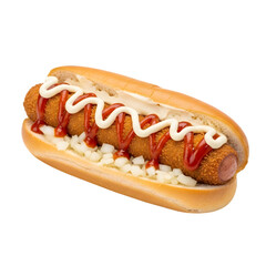 A Dutch Frikandel Speciaal a Fried Sausage in a Bun with Mayonnaise and Curry Ketchup on isolated transparent background
