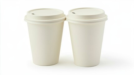 Two blank disposable paper coffee cups with lids, isolated on white background.