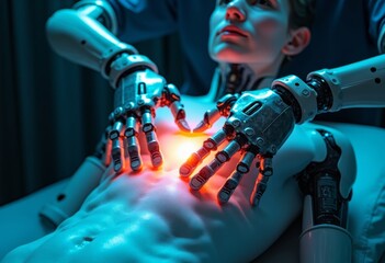 Close up of human body through mechanical palm perspective