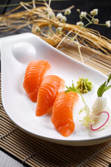 Salmon sushi on the sushi curtain