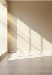 Fototapeta premium empty room with a window, Backdrop light beige podium display for product. Interior room with sunlight and shadows on beige concrete wall surface