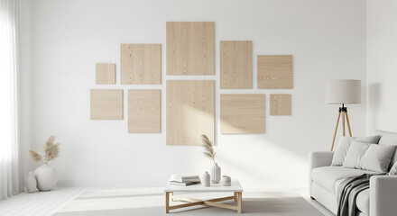 Fototapeta premium Minimalist Light Wood Panel Gallery Wall in White Room